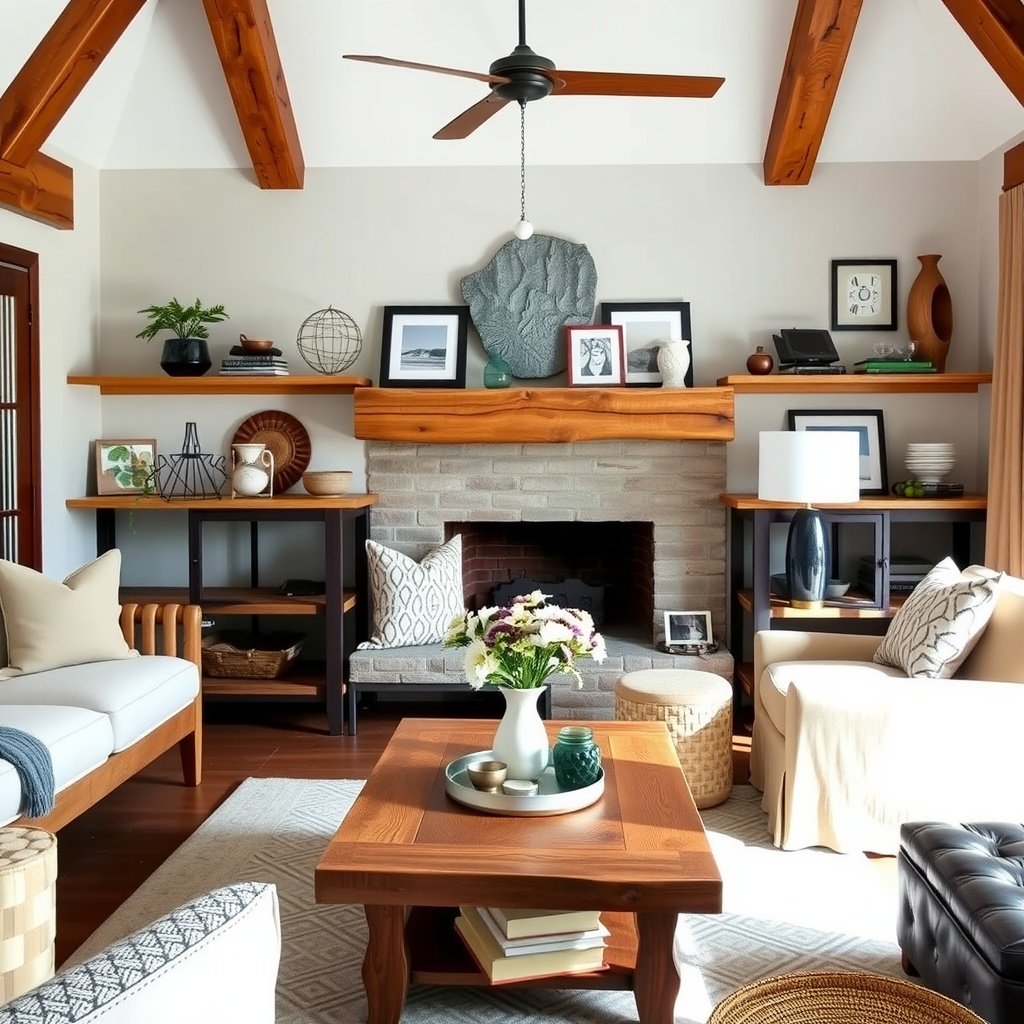 A cozy living room with rustic wood accents, featuring wooden shelves, furniture, and warm textiles.