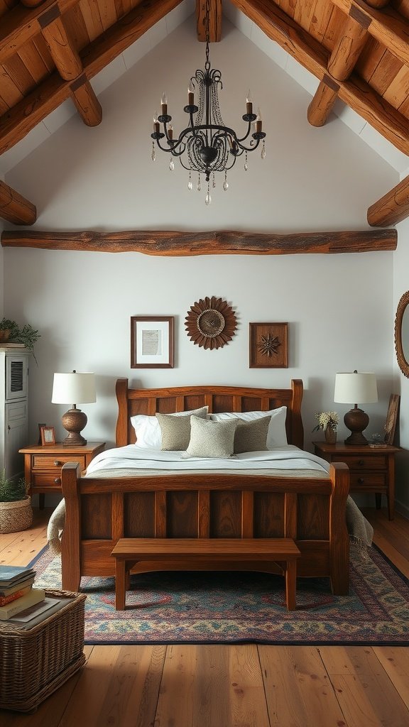 A cozy bedroom featuring rustic wood beams, a wooden bed, and soft decor
