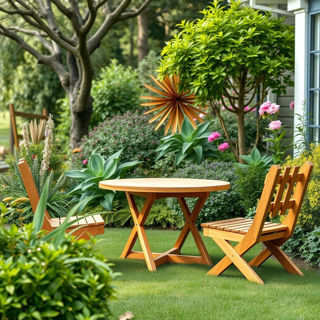 Rustic wooden table and chairs surrounded by lush greenery in a backyard.