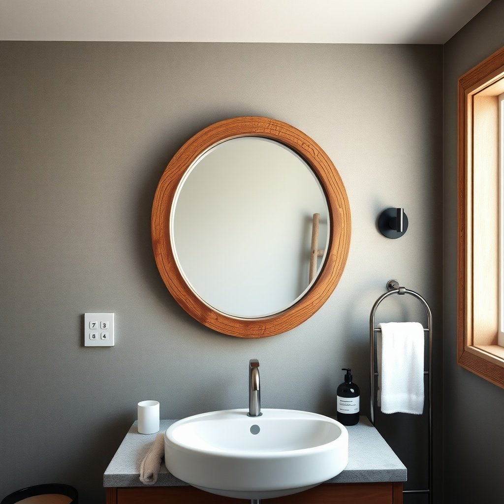 A rustic wooden round mirror above a modern sink in a bathroom.