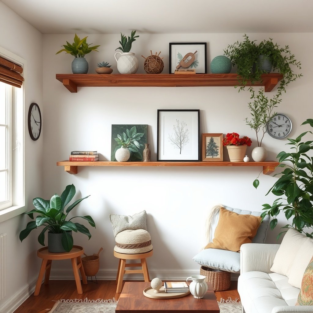 Rustic wooden shelf display with plants, books, and framed art.
