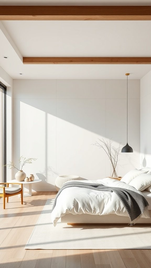 A bright and airy Scandinavian bedroom with a cozy bed, light-colored decor, and clean lines.