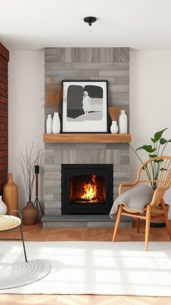 A cozy living room featuring a fireplace, wood accents, and a comfortable chair.