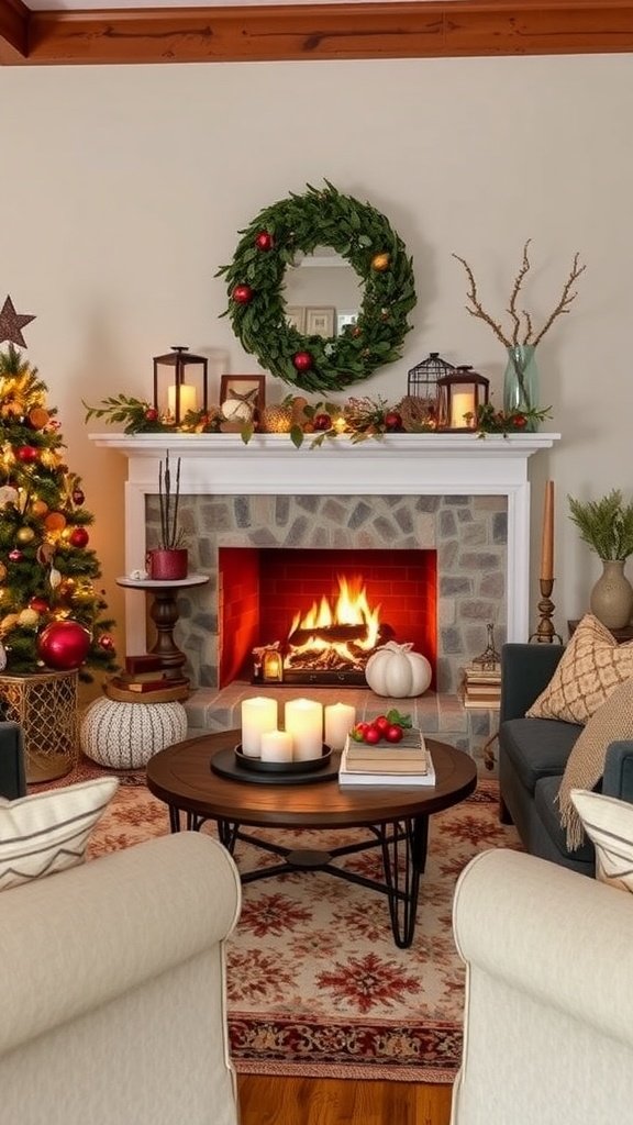 Cozy living room with a decorated fireplace and plush seating, featuring seasonal decor.