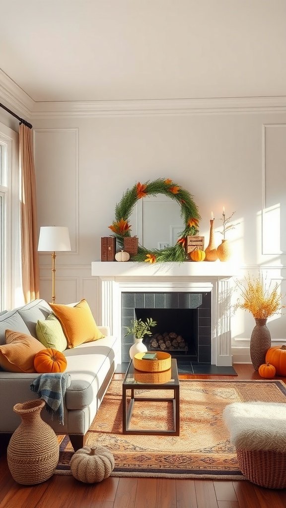 A cozy and inviting living room with seasonal fall decor, including pumpkins and warm colors.