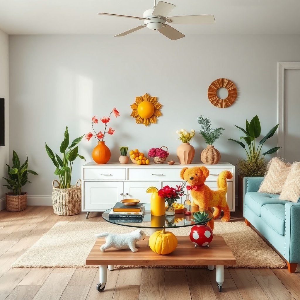 A vibrant boho chic summer living room with colorful decor and plants.