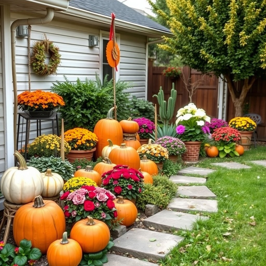 A colorful outdoor space featuring pumpkins, flowers, and plants, perfect for seasonal decor.