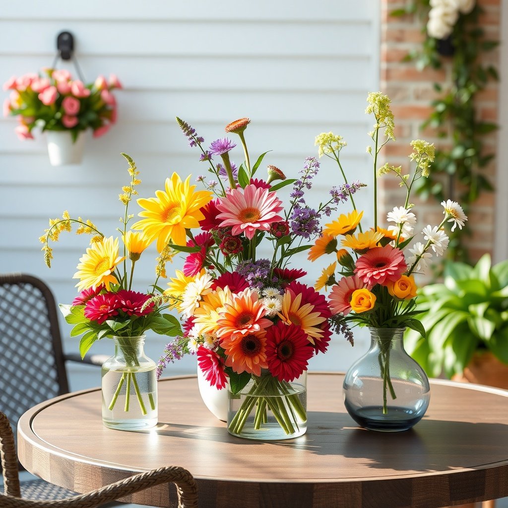 Colorful seasonal flower arrangements on a patio table
