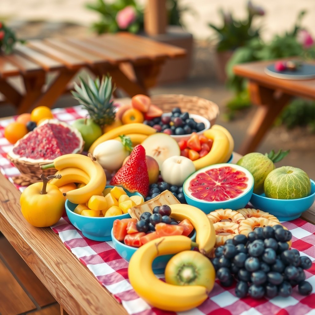 A summer fruit display featuring various fruits in blue bowls on a red and white checkered tablecloth.