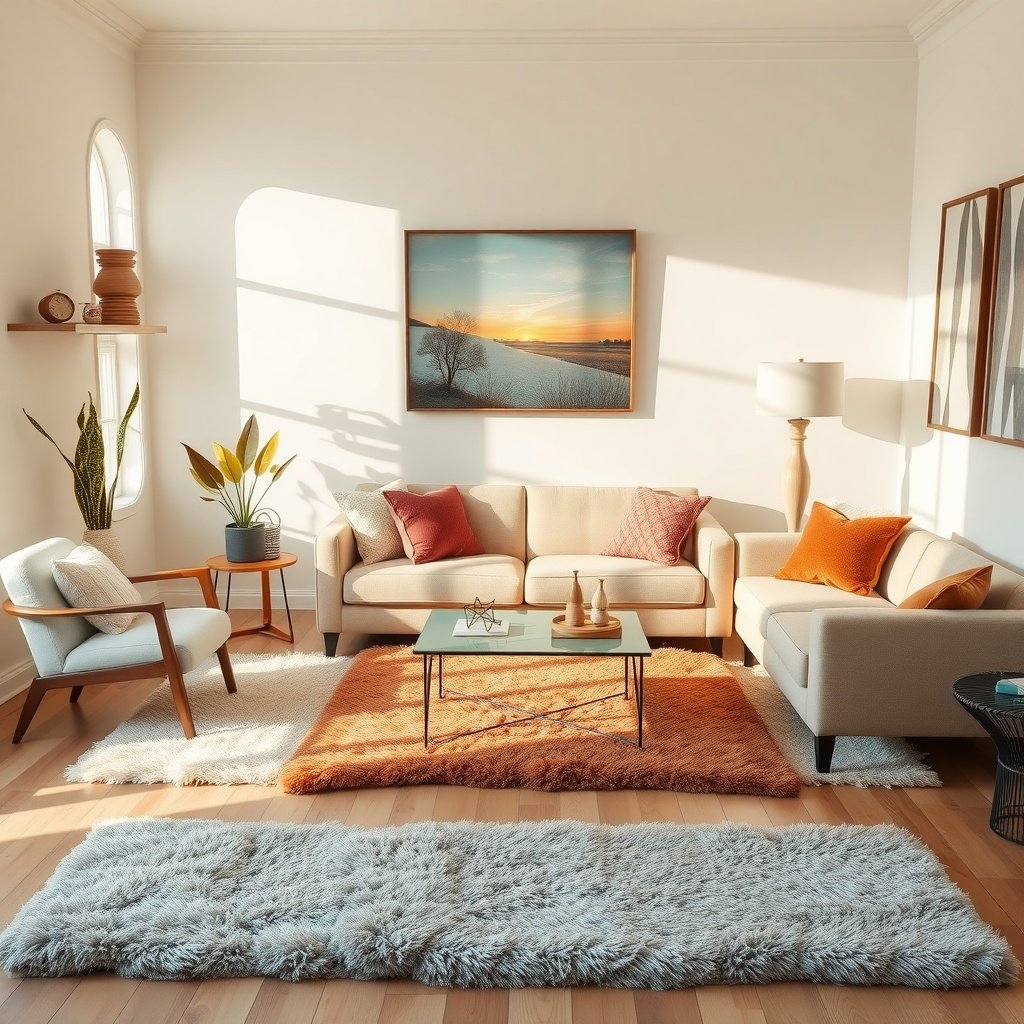 A cozy living room with various plush rugs and warm decor.