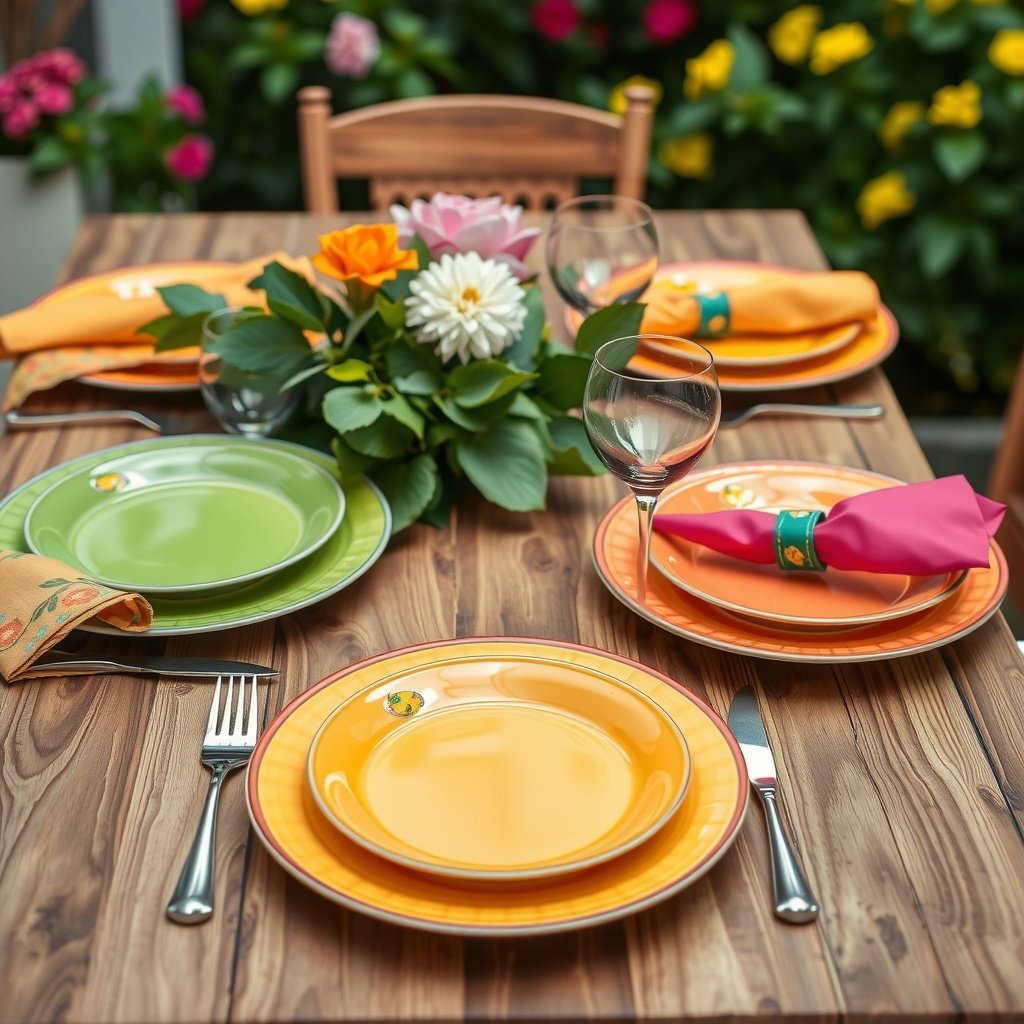 Colorful summer table setting with bright plates and flowers