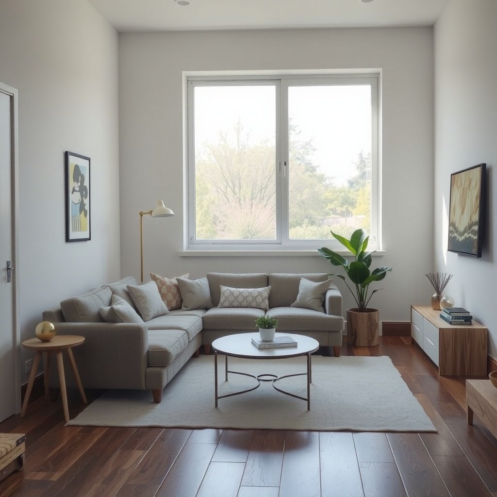 A cozy small living room with neutral colors and modern furnishings.