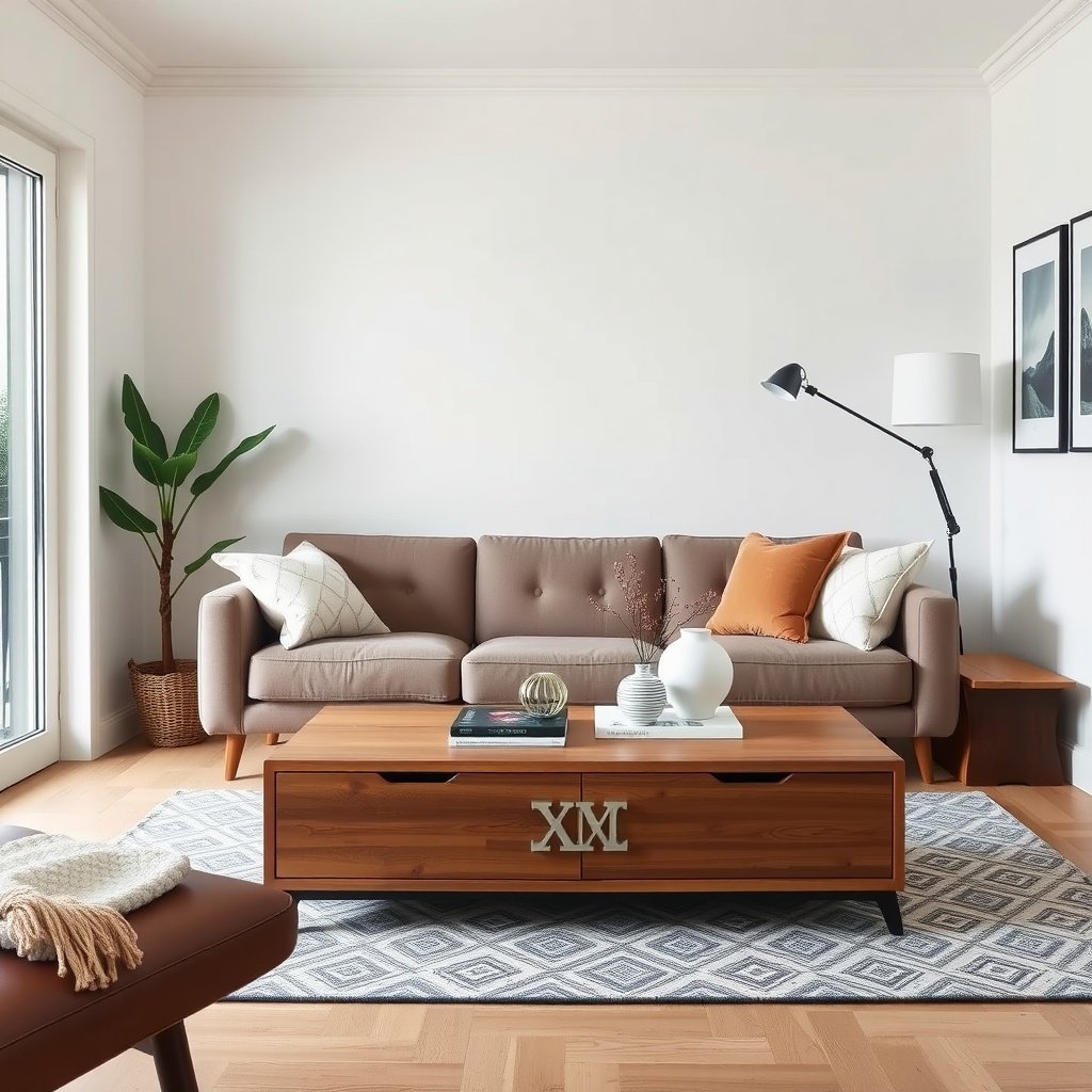 A modern small living room featuring a coffee table with storage, a brown couch, and decorative elements.