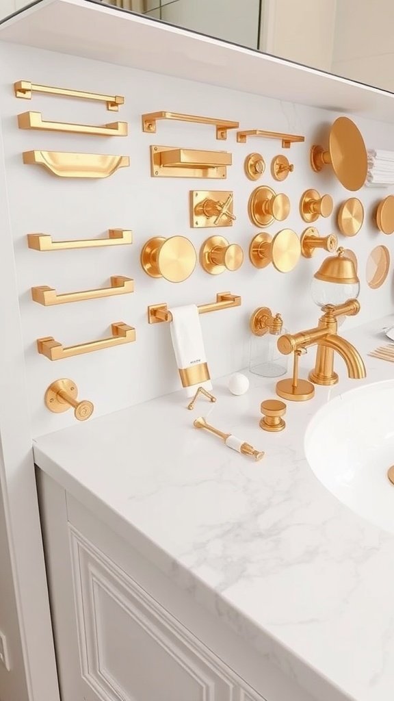 Elegant bathroom with gold cabinet hardware and fixtures