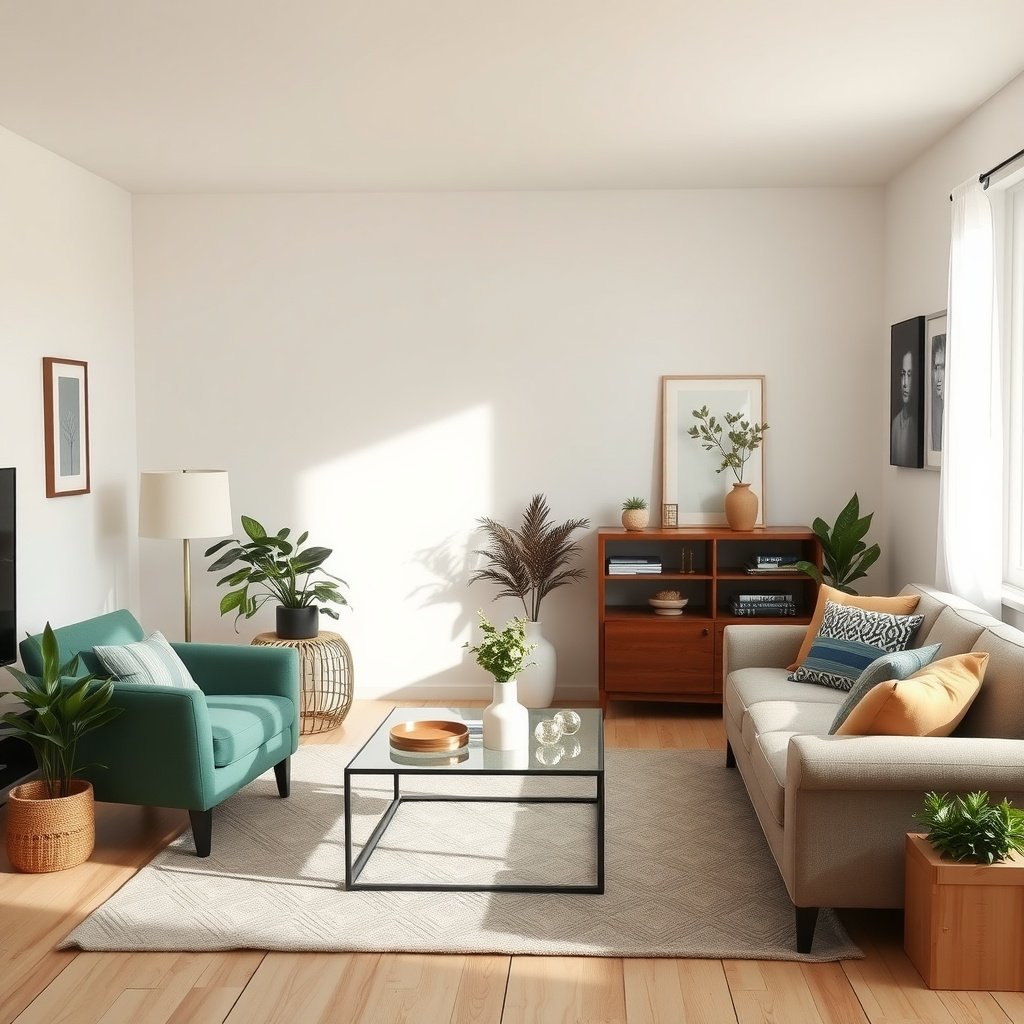 A small living room featuring lightweight decorative items like plants, light-colored curtains, and minimalistic furniture.