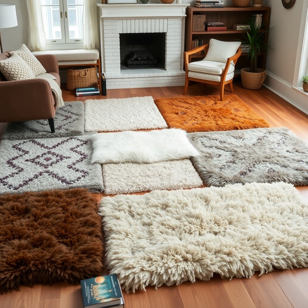 A cozy living room with various plush rugs in different colors and textures arranged on the floor.