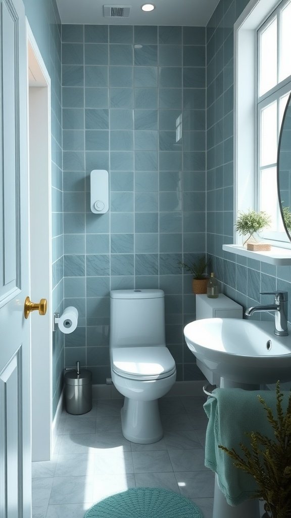 Spa-inspired bathroom with blue tiles and natural light
