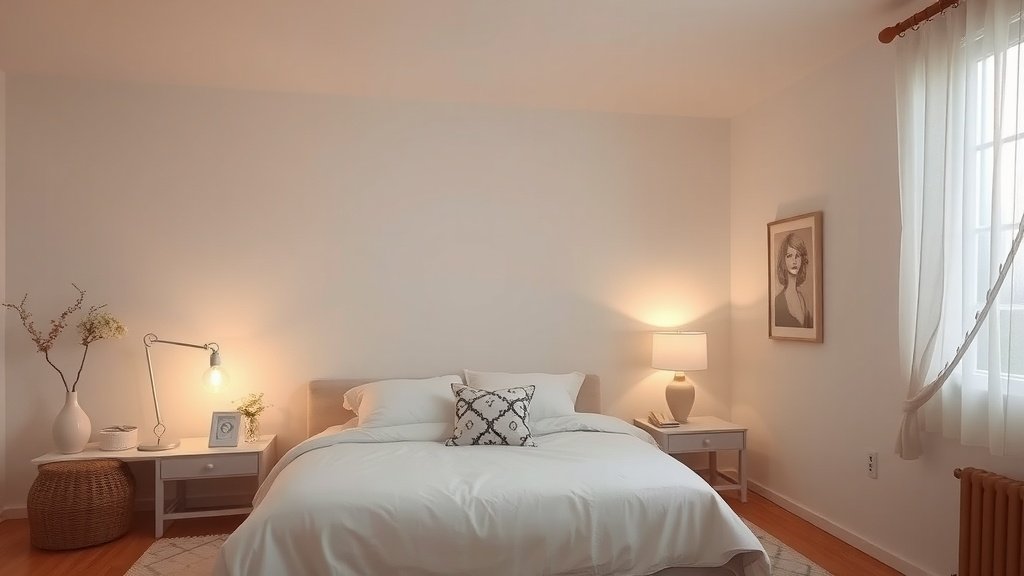 A serene modern bedroom with soft colors, warm lighting, and cozy decor.