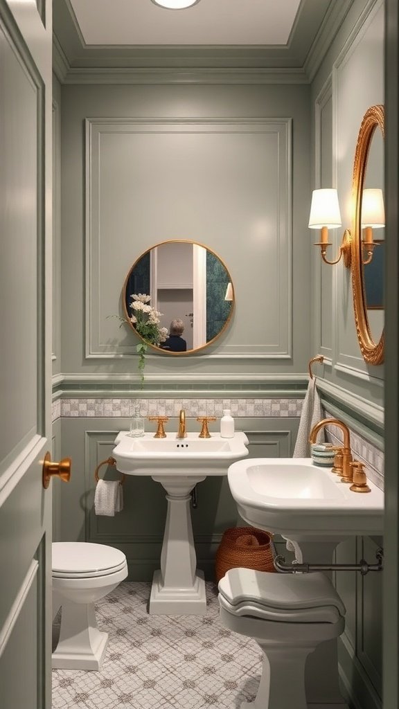 A stylish bathroom with sage green walls, featuring brass fixtures and elegant decor.
