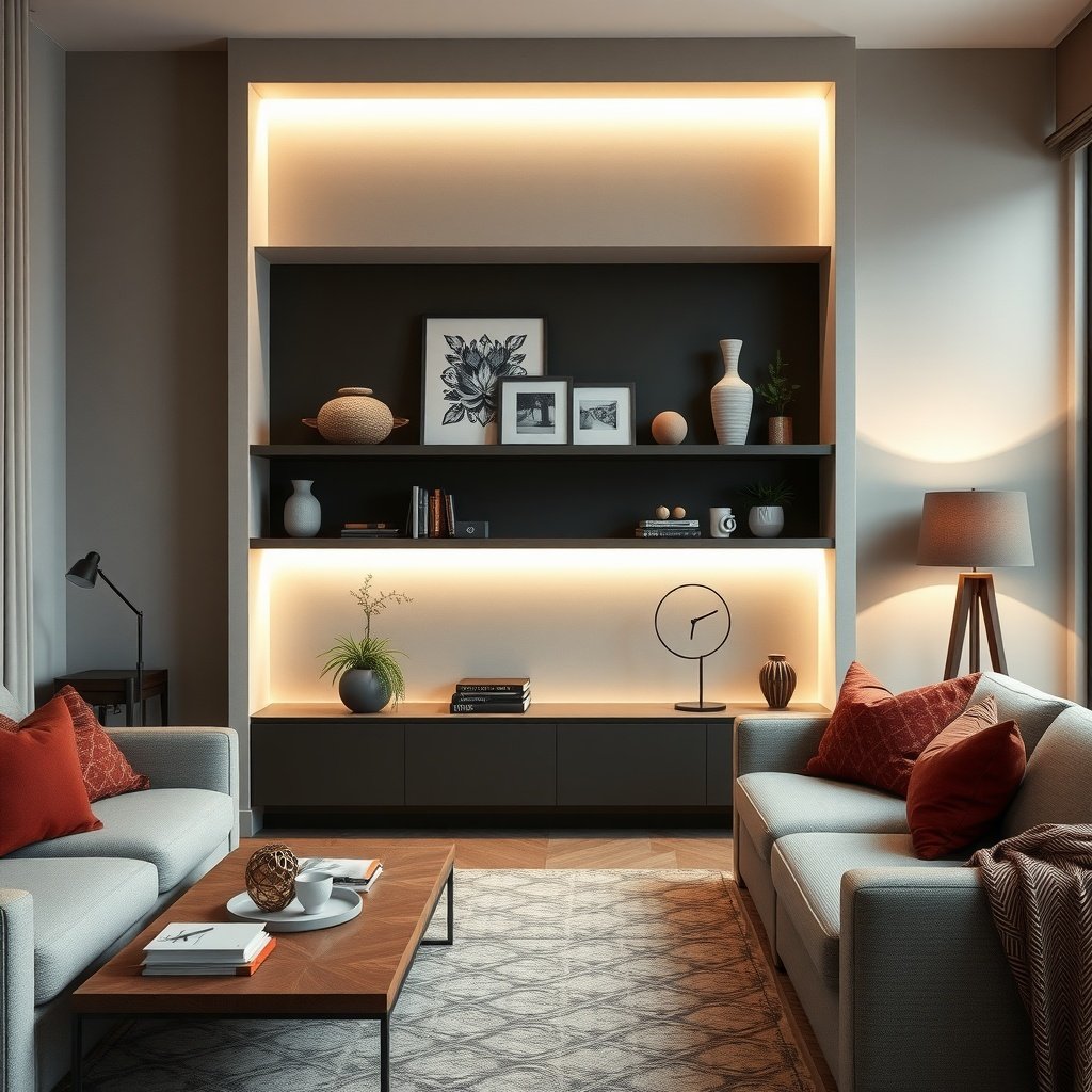 Stylish shelving unit with integrated lighting in a modern living room.