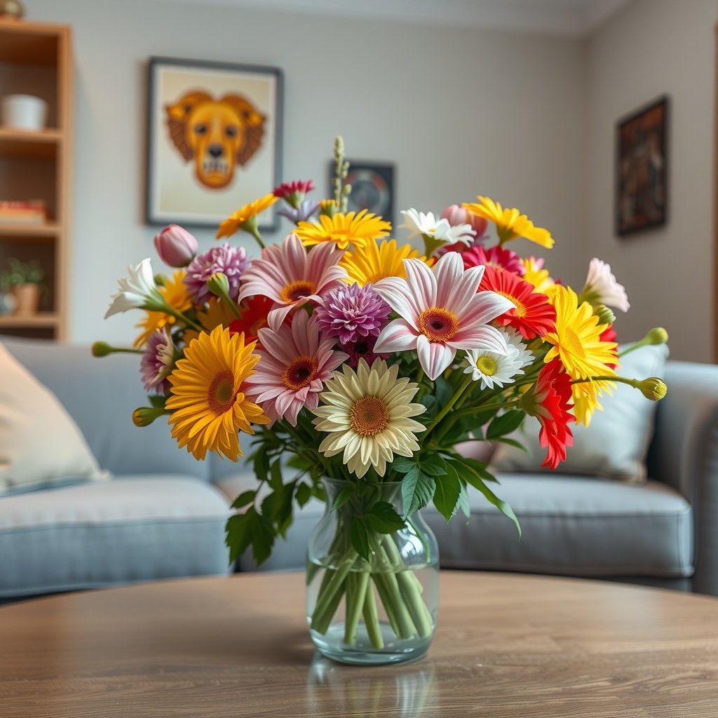 A vibrant bouquet of fresh flowers in a clear vase on a wooden coffee table, with a cozy living room backdrop.