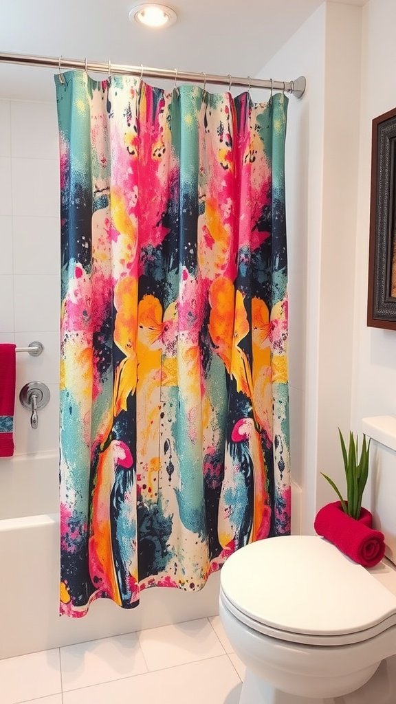 A colorful and playful shower curtain with quirky text in a bathroom setting.