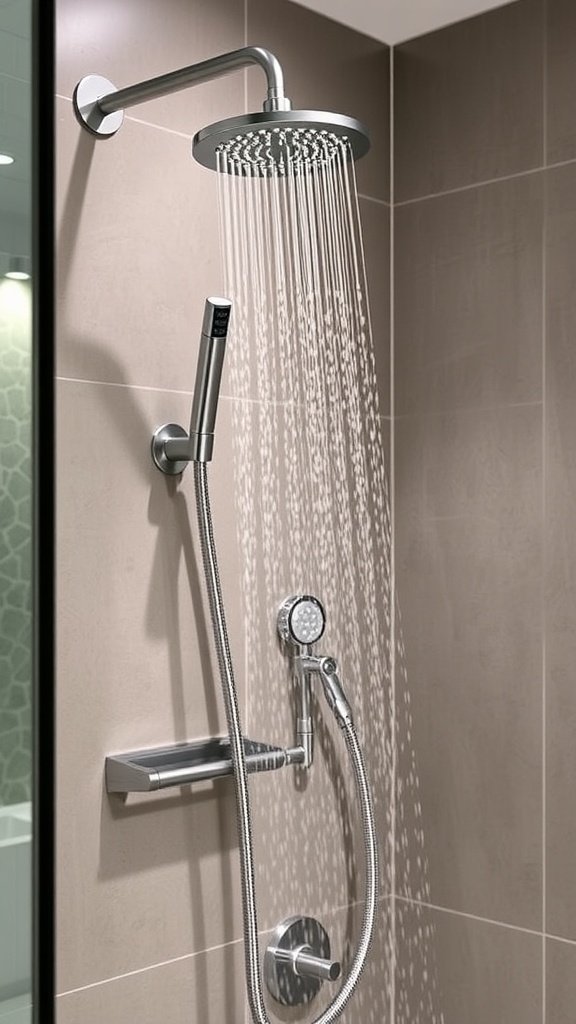Shower with an adjustable handheld showerhead and rainfall showerhead.