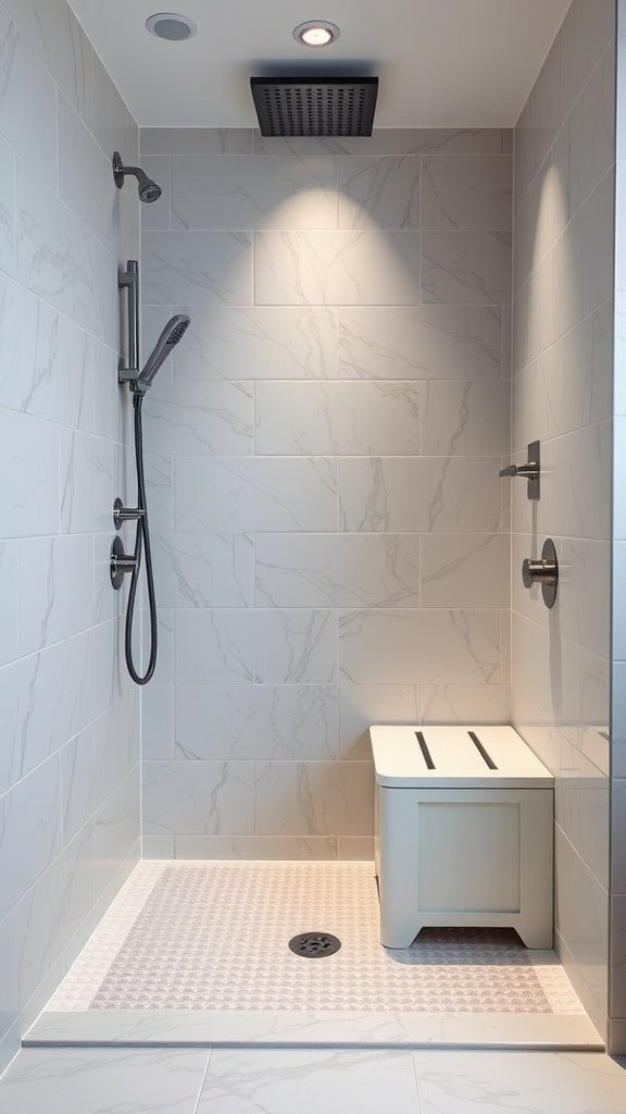 A modern shower featuring a built-in seating area with light-colored tiles and a sleek design.
