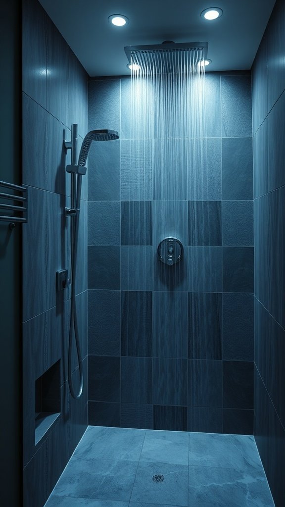 A modern shower with integrated lighting, featuring sleek tiles and a rainfall showerhead.
