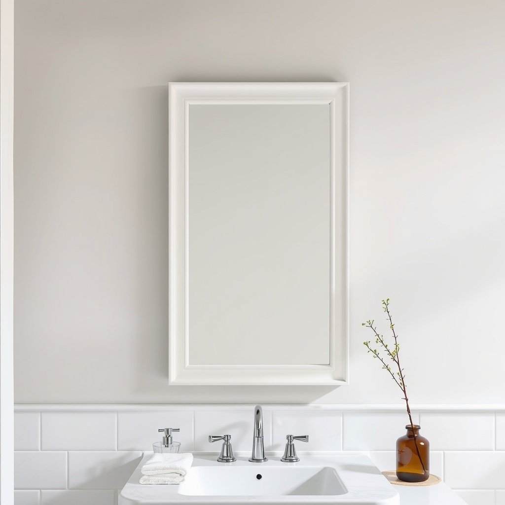 A simple white framed mirror above a bathroom sink with modern fixtures