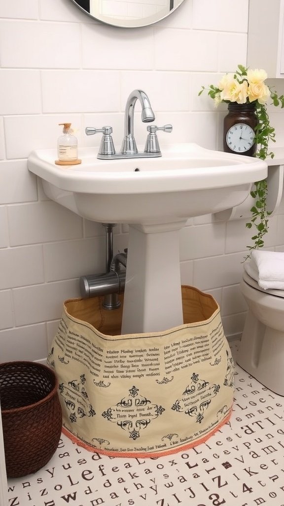 A stylish sink skirt covering plumbing in a bathroom setting.