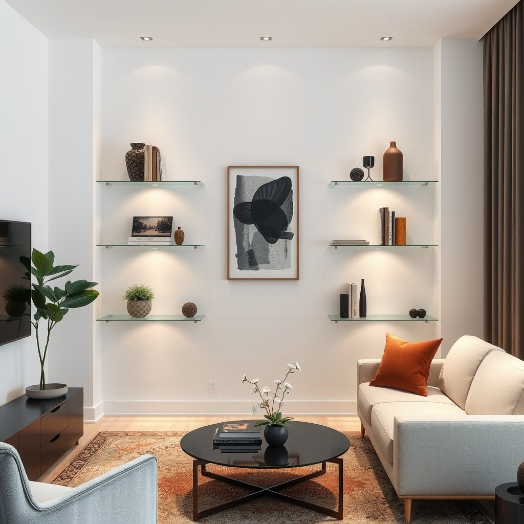 A modern living room featuring sleek glass shelves displaying decorative items and plants.