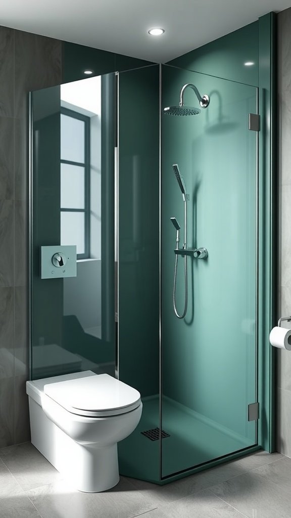 A modern green shower enclosure featuring glass panels and a contemporary shower fixture.
