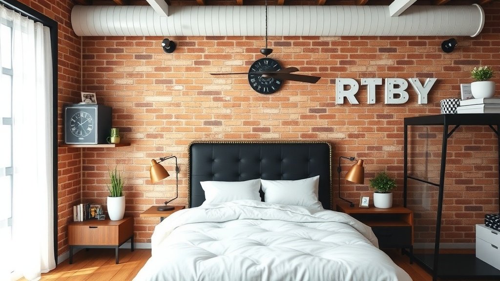 Modern industrial bedroom with brick wall and elegant bedding