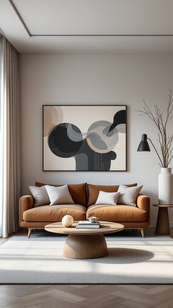 A minimalist living room featuring a brown sofa, round coffee table, and abstract art on the wall.