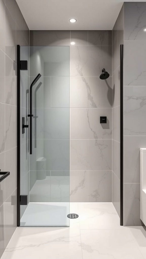 A sleek minimalist walk-in shower featuring a clear glass door, gray tiles, and modern fixtures.