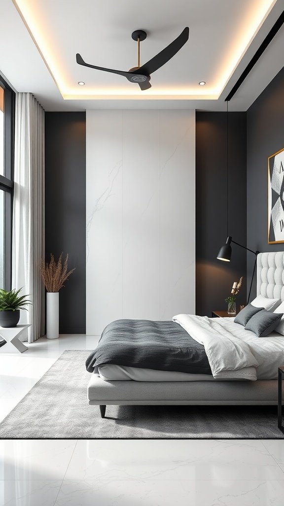 A sleek modern bedroom with a neutral color palette, featuring a gray bed and elegant decor.