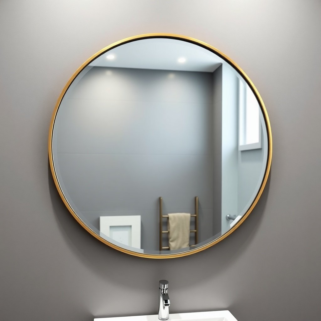 Sleek round mirror with gold frame in modern bathroom setting