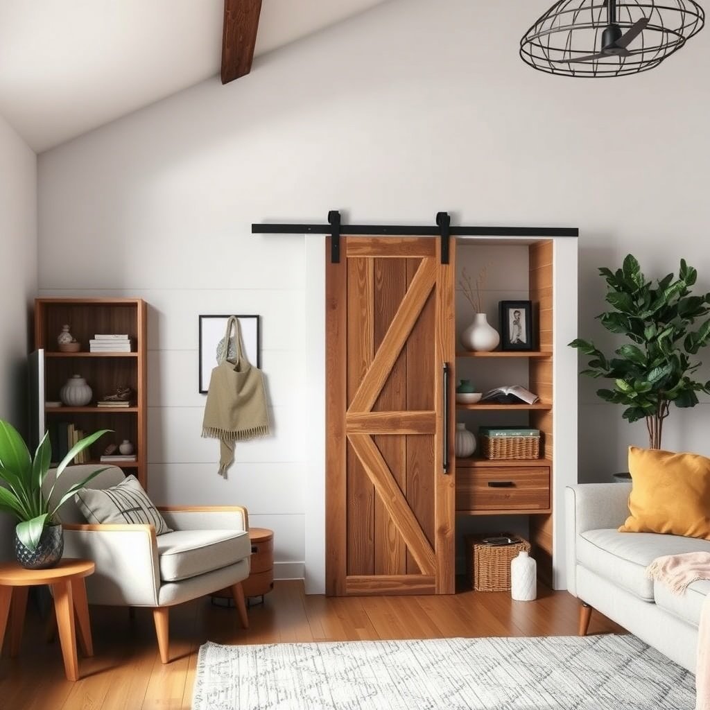 Interior view of a small living room featuring a sliding barn door cabinet with wooden accents and plants.