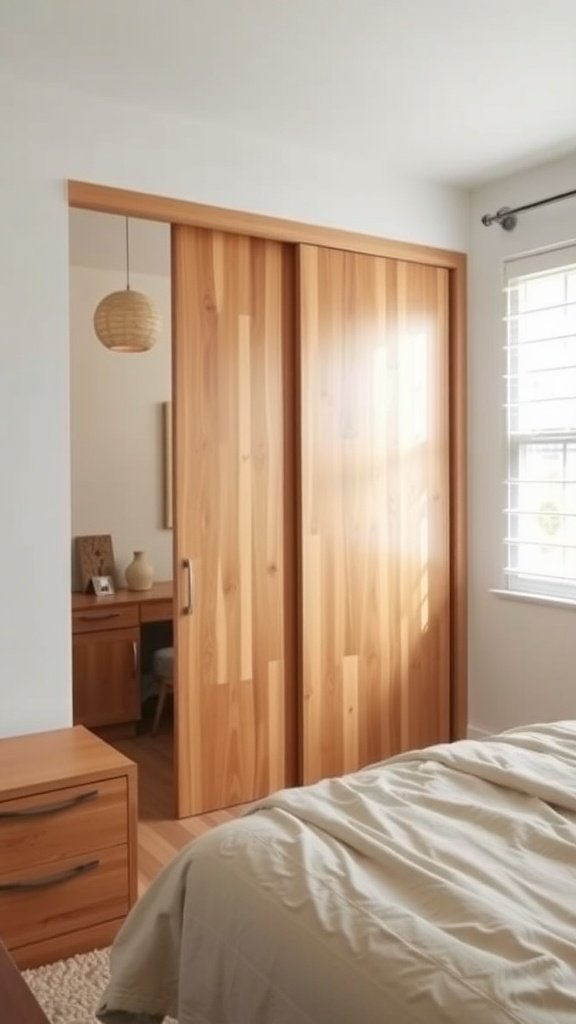 A cozy small bedroom with sliding wooden doors.