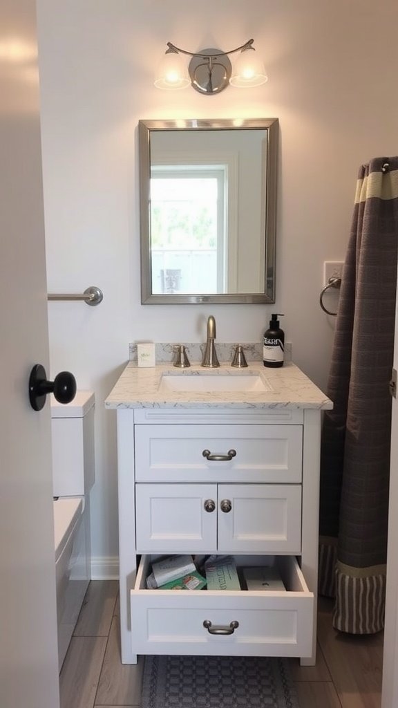 A small bathroom vanity with drawers and a mirror