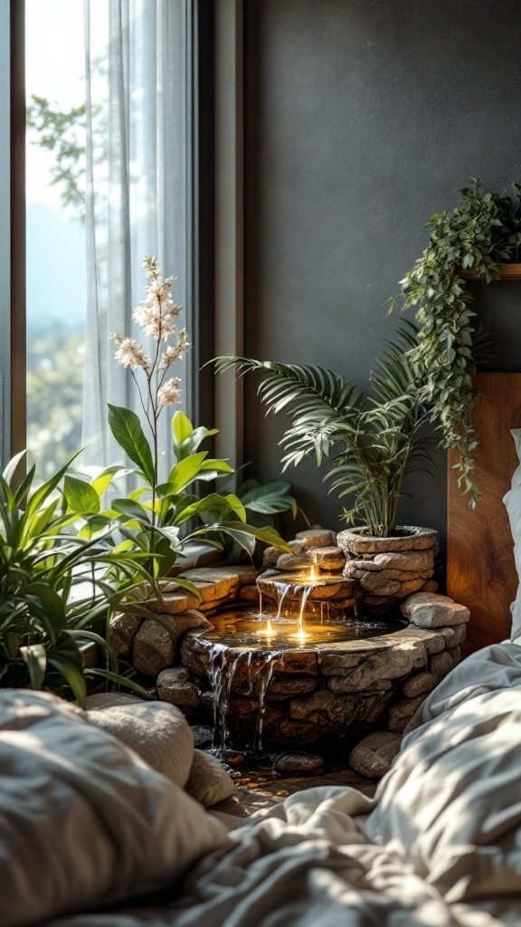 A cozy bedroom featuring a small water fountain surrounded by plants and soft bedding.