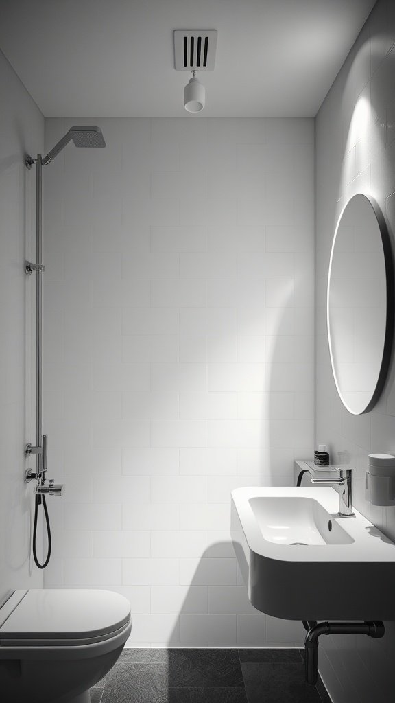 A modern bathroom with smart lighting and minimalistic design.