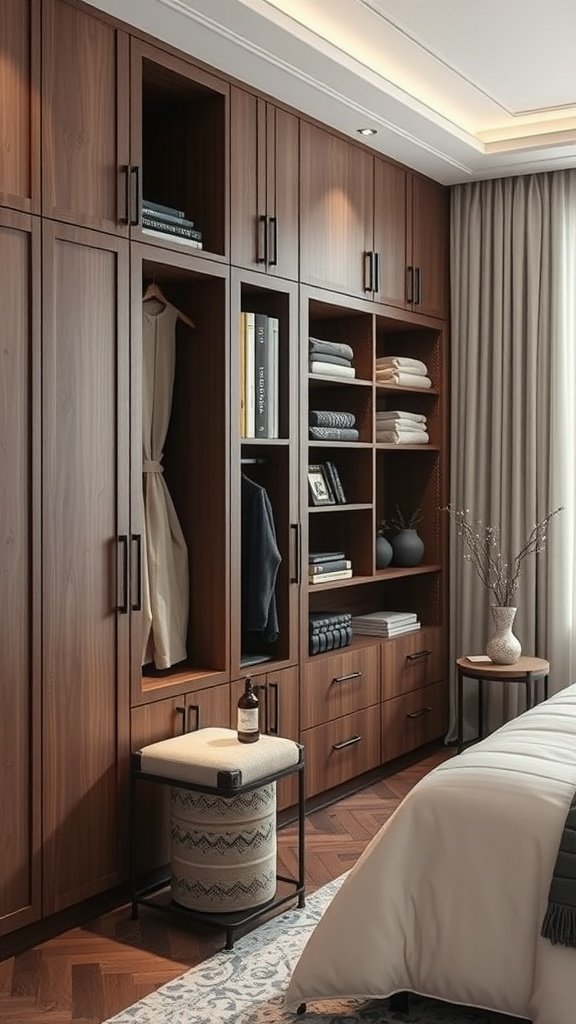 A luxurious bedroom with elegant wooden storage solutions.