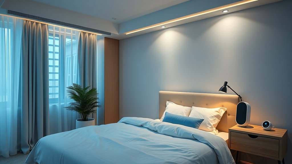 A modern bedroom featuring smart technology elements like a smart speaker and stylish lighting.