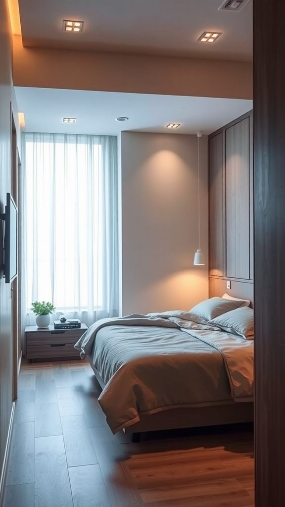 A cozy small bedroom with smart lighting and a modern design.