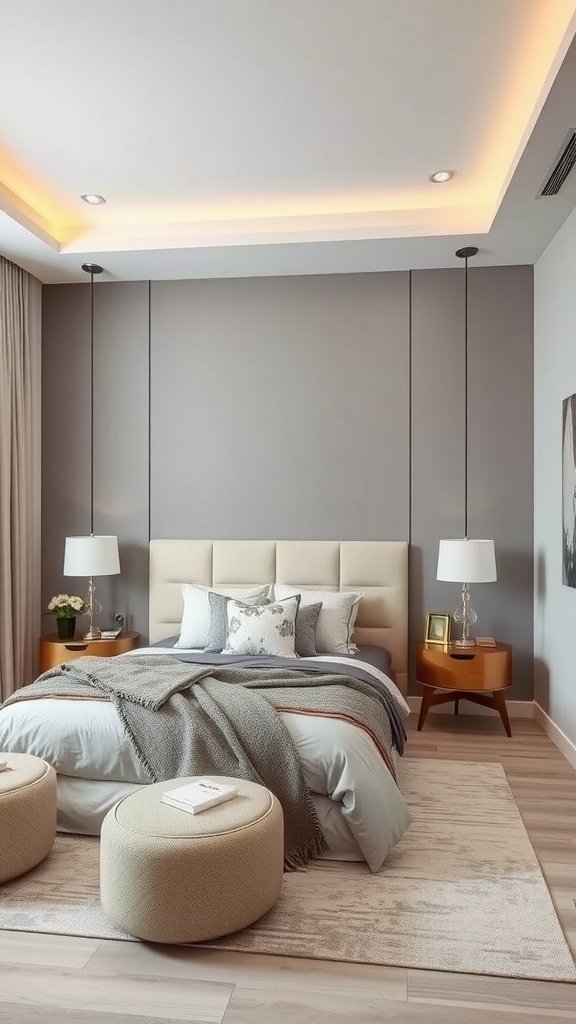 Cozy bedroom with soft gray accent wall, light bedding, and decorative elements.