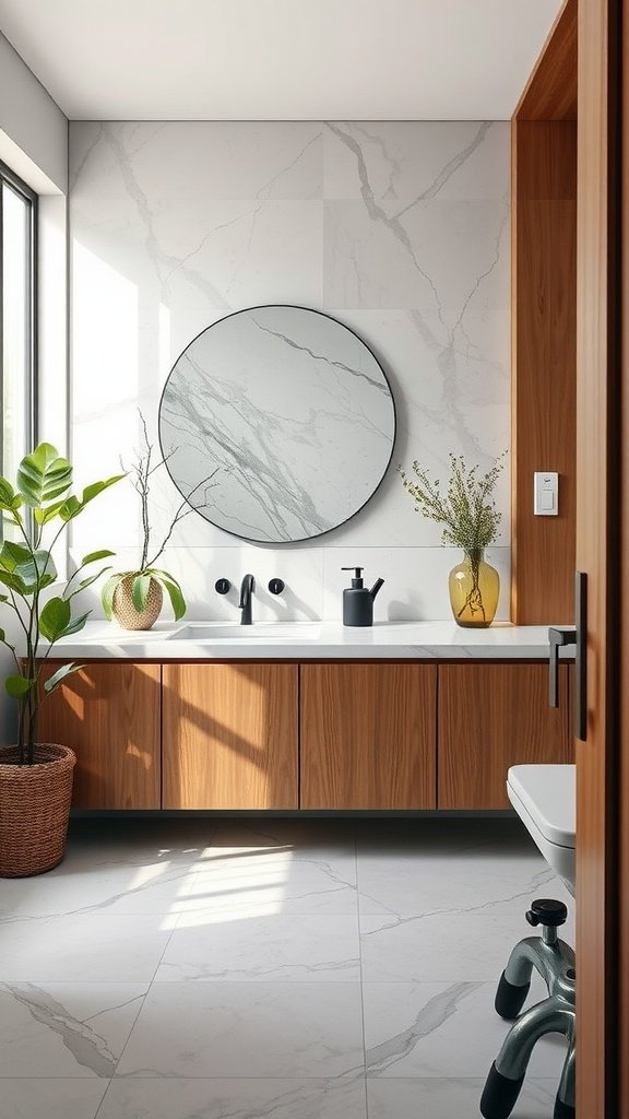 A modern bathroom featuring soft gray marble countertops and wooden cabinetry.