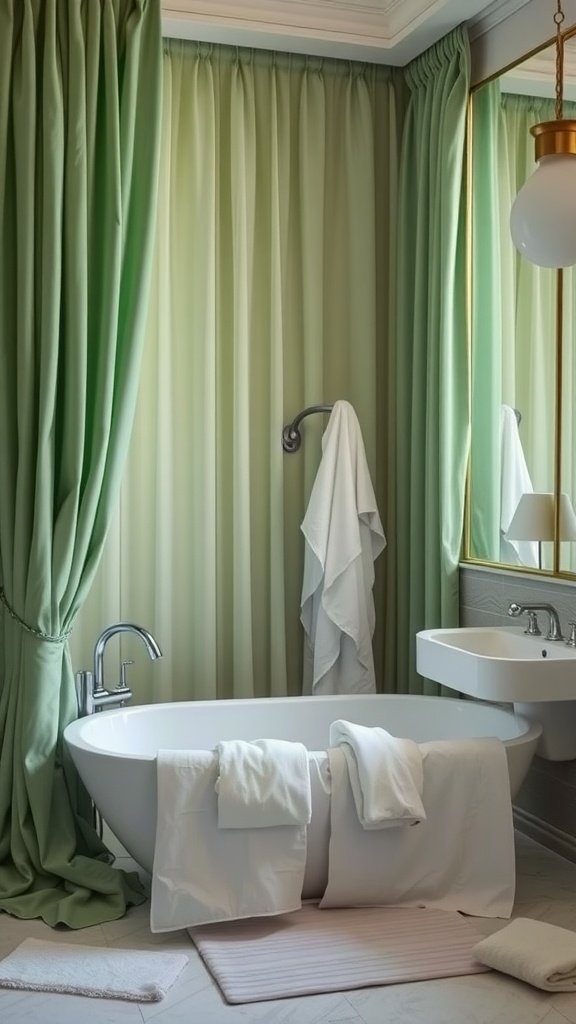 A serene bathroom with soft green curtains and white linens.