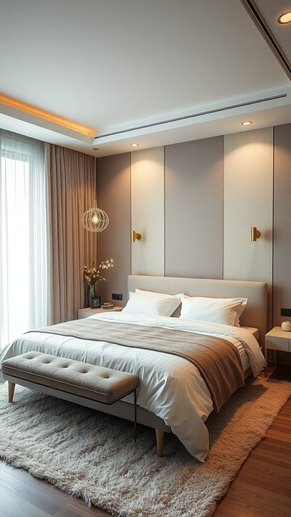 Cozy bedroom with soft lighting fixtures and neutral decor.